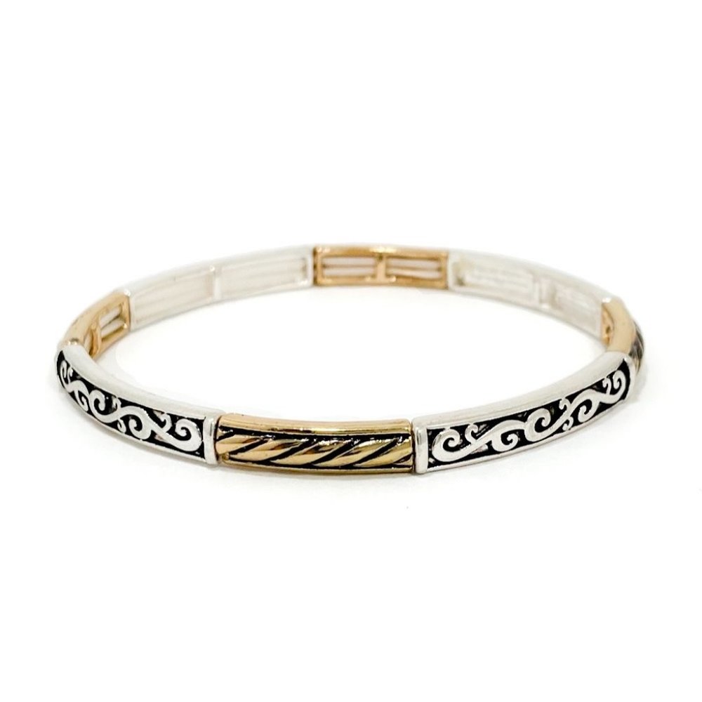 Two Tone and Filigree Design Thin Bracelet
